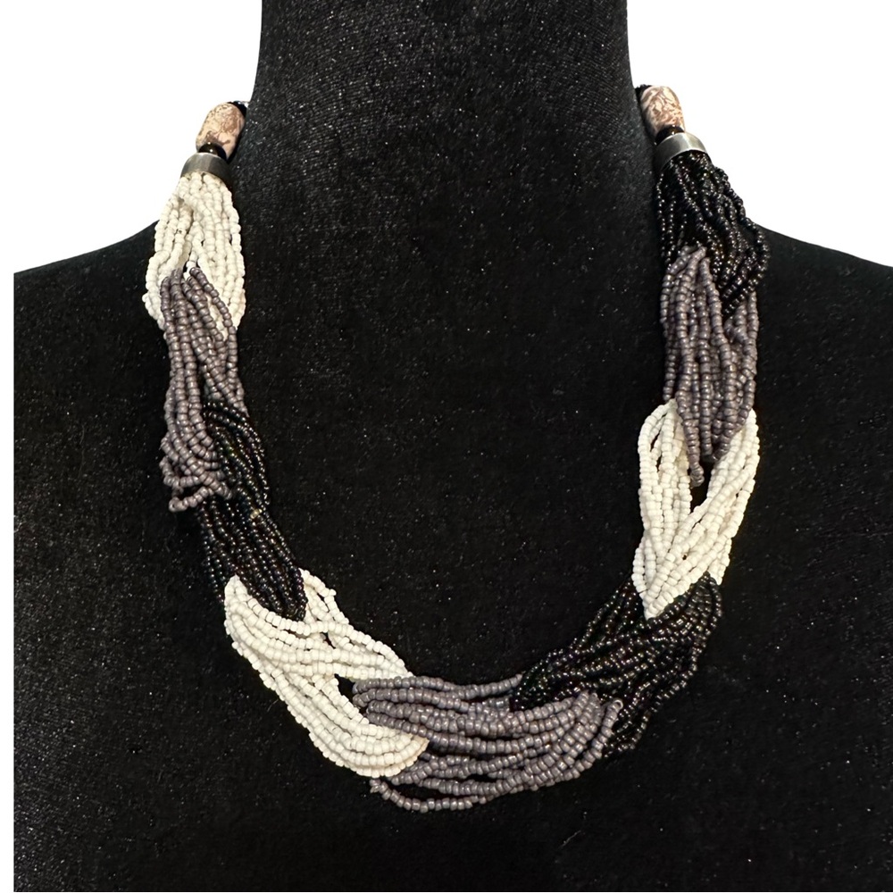 Beaded Necklace Black White Gray Adjustable Length Chunky Style